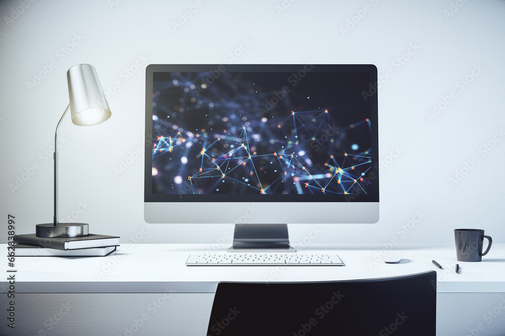 Fototapete Modern computer monitor with technology desktop. Research and development software concept. 3D Rendering