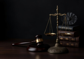 Scales of justice and judge's gavel in courtroom. Crime and Punishment. AI generated.