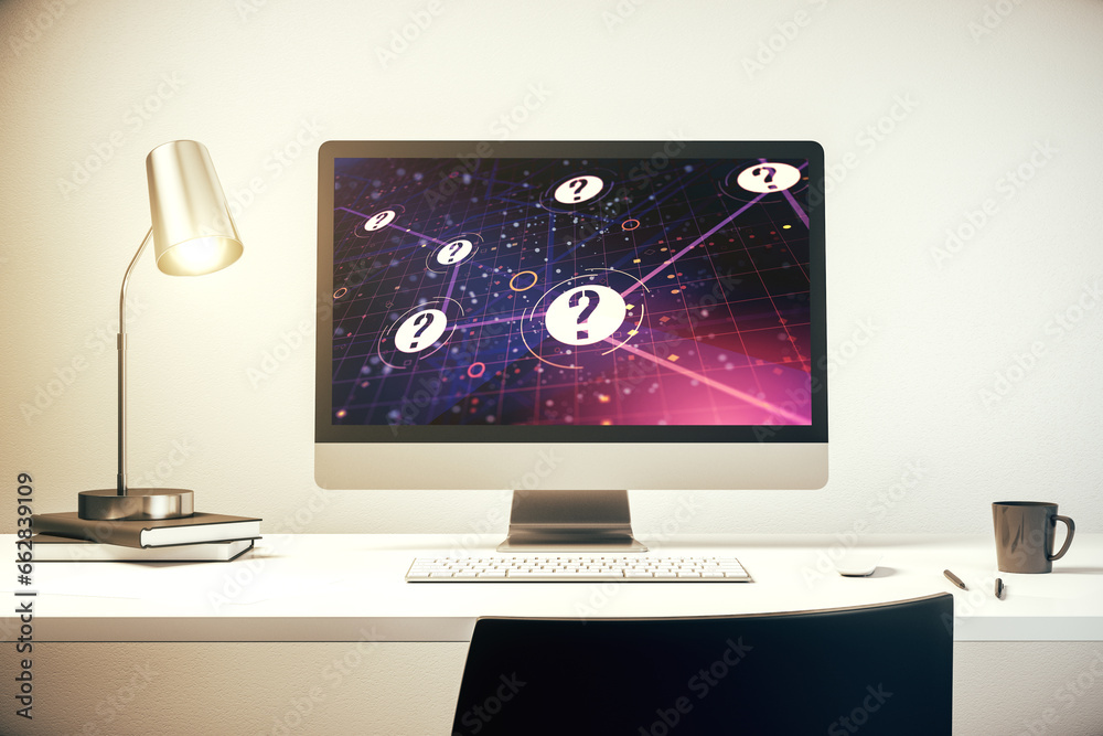Aufkleber creative abstract question mark sketch on modern laptop monitor, faq and research concept. 3d render