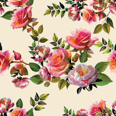 rose and plum flowers bouquet seamless pattern