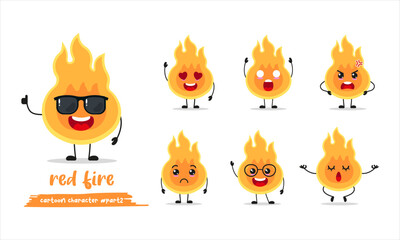 cute fire cartoon with many expressions. flame different activity pose vector illustration flat design set with sunglasses.	