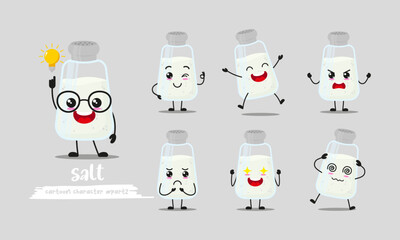 cute salt cartoon with many expressions. ingredient character different activity pose vector illustration flat design set.