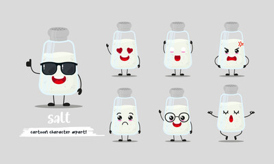 cute salt cartoon with many expressions. ingredient character different activity pose vector illustration flat design set with sunglasses.