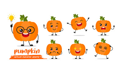 cute pumpkin with leaf cartoon with many expressions. fruit different activity pose vector illustration flat design set.