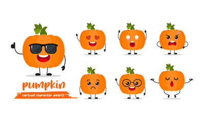 cute pumpkin cartoon with many expressions. fruit character different activity pose vector illustration flat design set with sunglasses.
