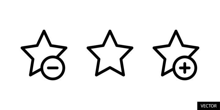 Star shape, add to favorites, remove from favorites, bookmark page button vector icons in line style design for website, app, UI, isolated on white background. Editable stroke. Vector illustration.