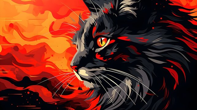 A closeup colorful digital painting of a Maine Coon cat  - Generative AI