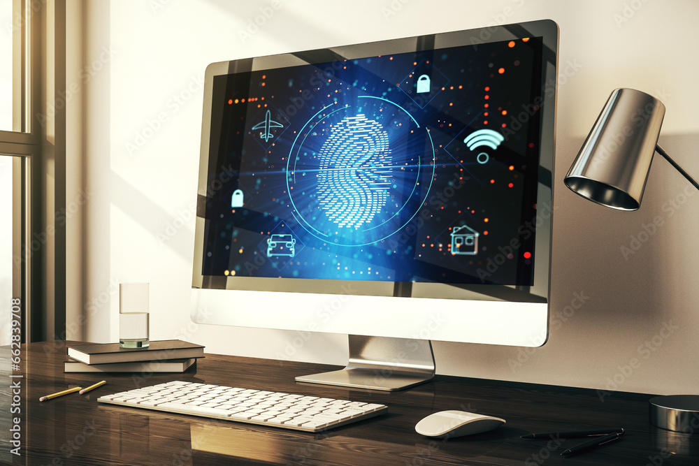 Leinwandbilder Computer monitor with abstract fingerprint scan interface, digital access concept. 3D Rendering