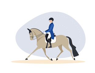 Equestrian sports, dressage, competitions, athlete riding a horse at a trot, vector illustration