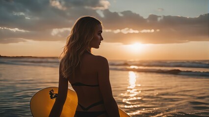 Out of focus portrait of surfer girl holding her board in the sea at sunset