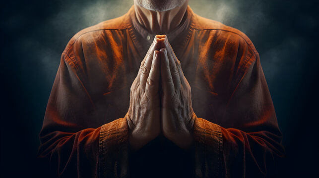 Praying hands with faith in religion and belief in God. Power of hope or love and devotion. Prayer position.