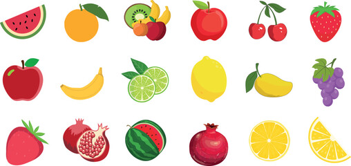 colorful fruit icons Vector illustration perfect for web design, graphic design, and more. Includes watermelon, orange, apple, cherry, strawberry, banana, lemon, grape, pomegranate. flat design.