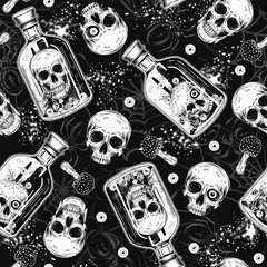 Halloween black and white pattern with glass bottle of poison with human skull. Silhouette of spiders, spiderweb behind. Witchy, mystical, surreal illustration. Not AI