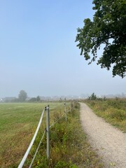 Foggy countryside view, rural landscape, mist on the field