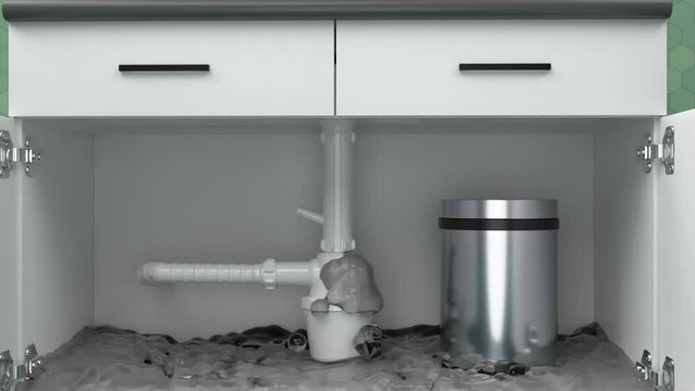 leak in kitchen cabinet sink. plumbing pipe problem. video footage