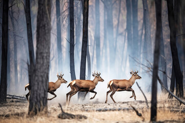 Deer are running from the burning forest.