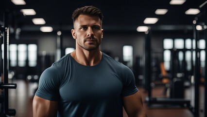 Fototapeta na wymiar Portrait of handsome muscular man standing in the background of sport gym