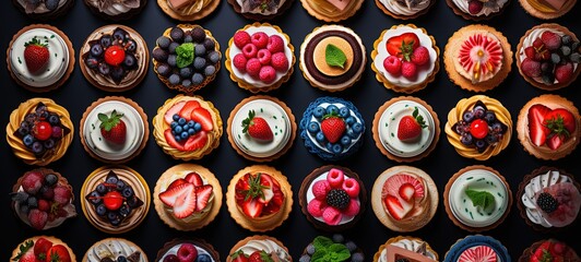 top view of many cupcake in different style, fresh fruit cupcake, Generative Ai