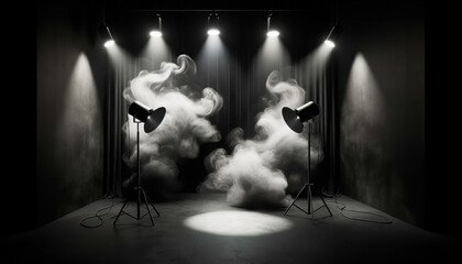 Photography studio background with spotlights and smoke. Generative AI