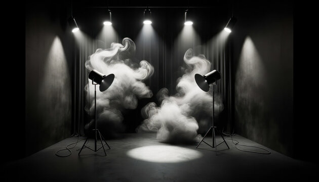 Photography studio background with spotlights and smoke. Generative AI