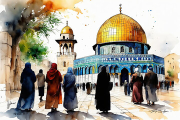 dome of the rock Jerusalem Israel old city omar mosque al aqsa al quds historical illustration background for cards websites books traveling vacations culture jews arabs Christians