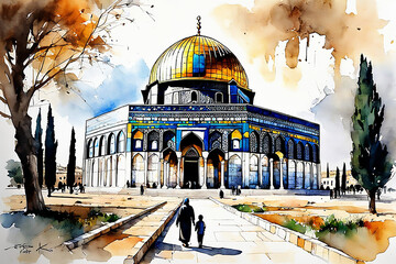 dome of the rock Jerusalem Israel old city omar mosque al aqsa al quds historical illustration background for cards websites books traveling vacations culture jews arabs Christians - obrazy, fototapety, plakaty