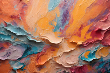 Close-up view of a textured, colorful abstract painting. the artwork has a rough, vibrant...