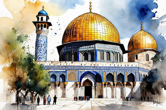 dome of the rock Jerusalem Israel old city omar mosque al aqsa al quds historical illustration background for cards websites books traveling vacations culture jews arabs Christians