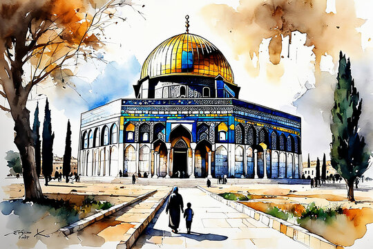 dome of the rock Jerusalem Israel old city omar mosque al aqsa al quds historical illustration background for cards websites books traveling vacations culture jews arabs Christians