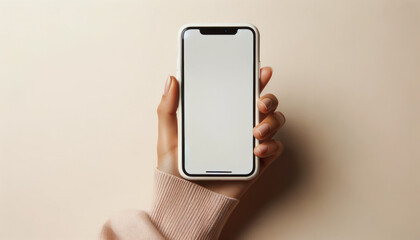 Hand Holding iPhone Mockup: Seamless Integration for Brand Display Against Soft Backdrop