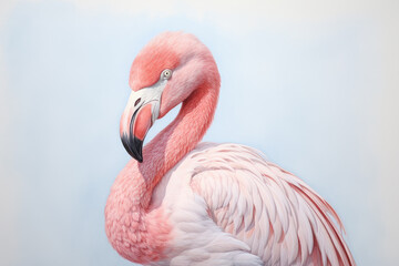 Close up of a Flamingo isolated on a light blue background - obrazy, fototapety, plakaty
