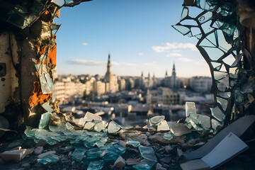 A broken glass with background of a city destroyed during war.