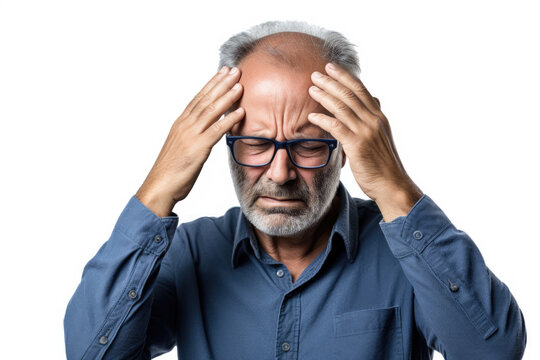 Older man feling stressed out with a migraine headache isolated on a white background