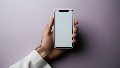Hand Holding iPhone Mockup: Seamless Integration for Brand Display Against Soft Backdrop