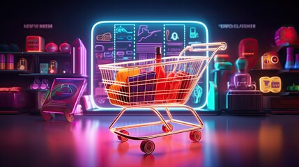3d rendering of Shopping products and neon light