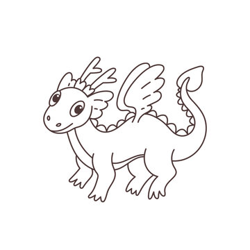 Cute cartoon dragon. Black and white vector illustration for coloring book. Fairytale character. Oriental fantasy animal. Chinese zodiac sign. New year symbol.