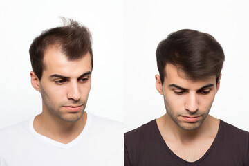 Generative AI collage two photos comparison before after anti hair loss procedure hair treatment - obrazy, fototapety, plakaty