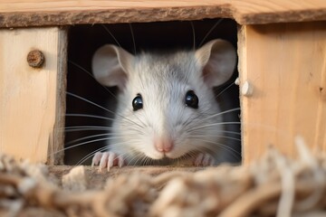 A curious gerbil peeks out of a wooden house, with sawdust in the foreground