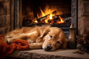 A golden retriever lounging on plaid near a hot fireplace in a cozy setting. Warm Christmas photo - obrazy, fototapety, plakaty