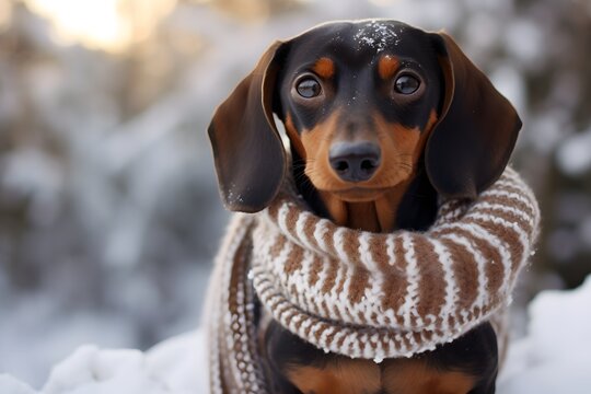 A dachshund wrapped in a warm winter scarf against the background of a snowy forest. Photo of a pet in a winter environment