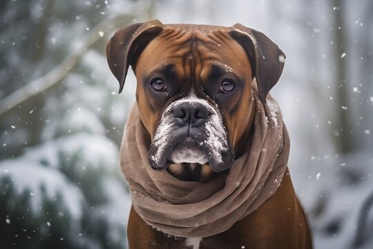 Boxer dog with snow covered face against blurry snowy forest background. Photo of a funny pet in winter