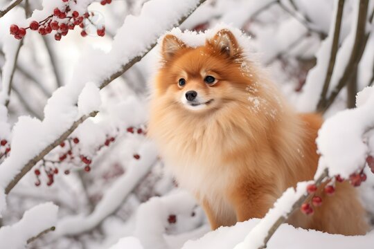 Pomeranian among snow-covered branches with red berries. Photo of a funny pet in winter