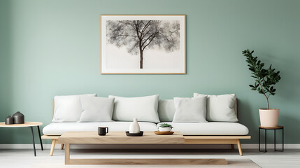 Rustic coffee table near sofa against mint color wall with frame poster. Scandinavian home interior design of modern living room in farmhouse
