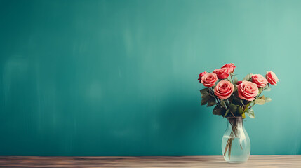 Wooden table with glass vase with bouquet of roses flowers near empty, blank turquoise wall. Home...