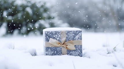 Christmas holiday gift and present, gift box in the snow in snowfall winter countryside nature for boxing day, holidays shopping sale