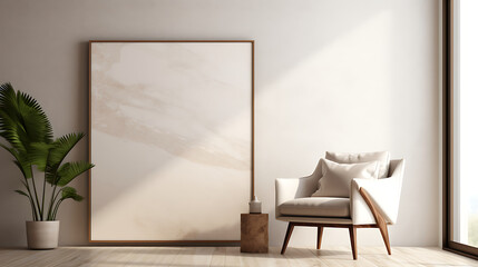 Beige lounge chair against marble wall with abstract poster. Minimalist home interior design of modern living room 