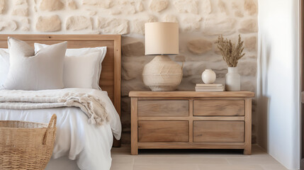 Fototapeta na wymiar Rustic bedside cabinet near bed with beige pillows. Farmhouse interior design of modern bedroom