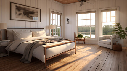 Farmhouse interior design of modern bedroom with hardwood floor