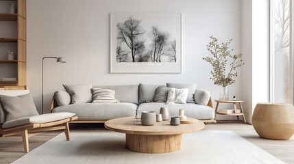 Fototapeta na wymiar White cozy sofa with pillows and plaid. Scandinavian home interior design of modern living room