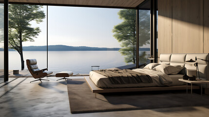 Minimalist interior design of modern bedroom with big panoramic floor to ceiling windows with beautiful lake view